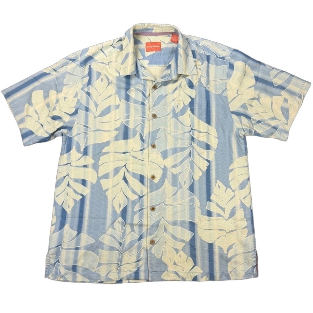 Tommy Bahama Mens L Silk Shirt Summer Tropical Leaf Print Short Sleeve Button Up